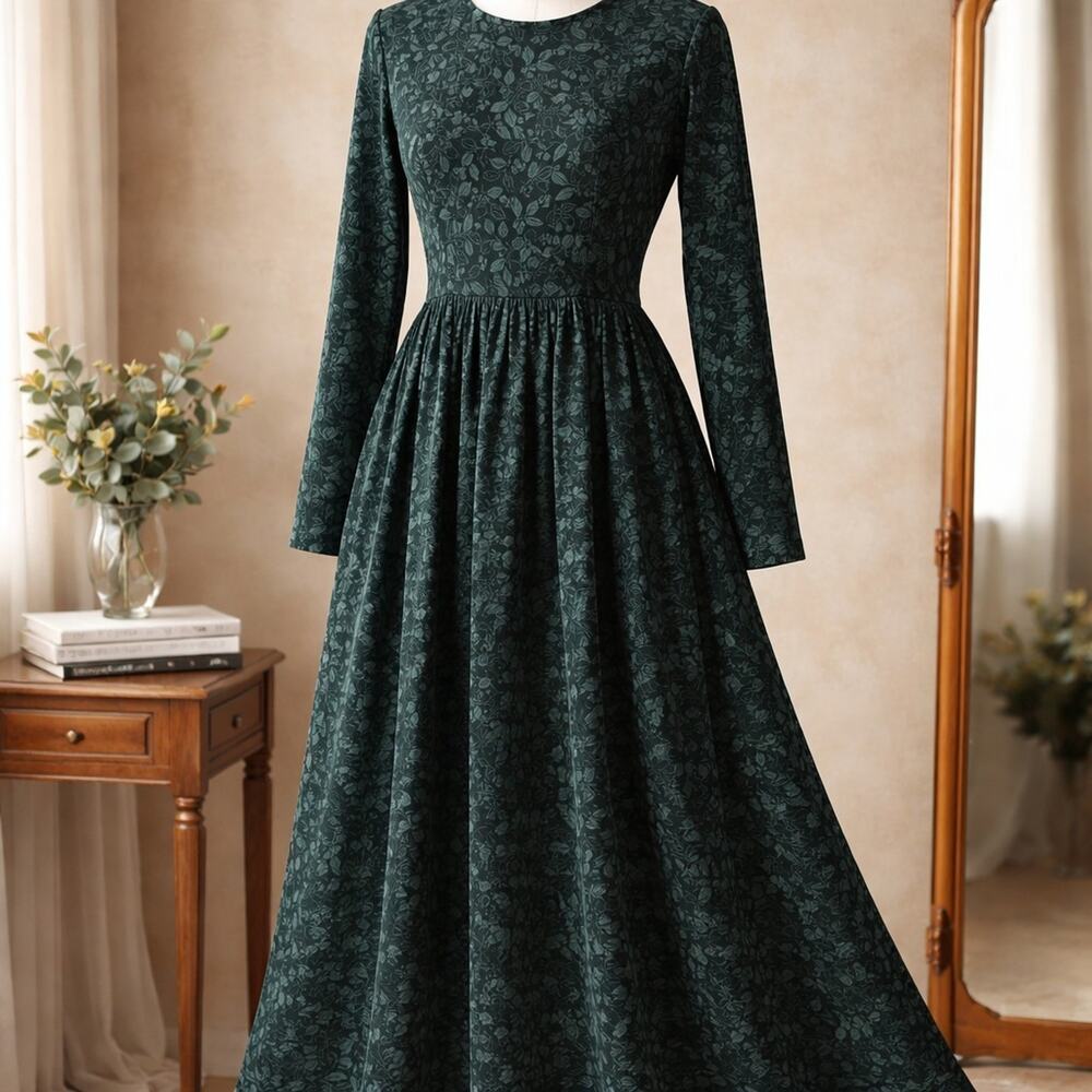 Vintage 90s LL Bean Velvet Dark Green Holly Berries Maxi Cottagy Dress Size 8 M